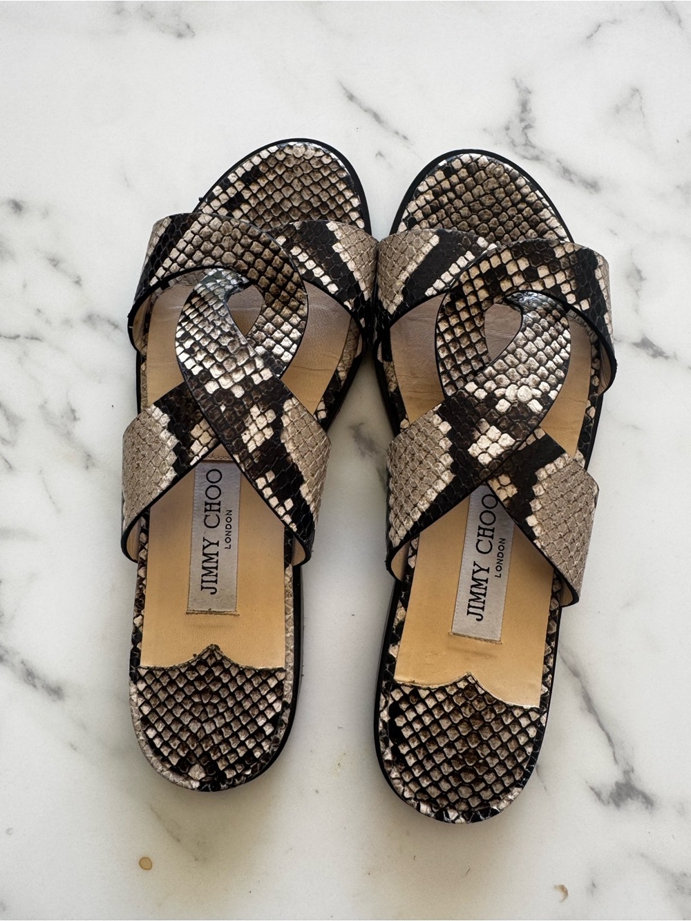Jimmy Choo Snake-Print Cross-Strap Slide Sandals in Taupe and Black